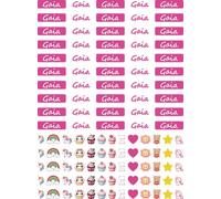 Etichette Adesive Personalizzate per Bambine con Nome per bimbe, Impermeabili, Confezione da 50 Pezzi femminili colore rosa con simpatici disegni a tema. (Gaia)