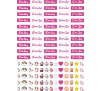 Etichette Adesive Personalizzate per Bambine con Nome per bimbe, Impermeabili, Confezione da 50 Pezzi femminili colore rosa con simpatici disegni a tema. (Emily)