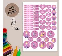 Etichette Adesive Personalizzate Scuola Elementare, Adesivi con nome per bambini per scuola e asilo 50 etichette. Etichette personalizzati per vestiti e giocattoli Mix Principessa, Drago