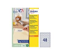 Avery Italia L4850REV-25 Etichette adesive in carta bianca adesivo rimovibile nessun residuo, 25 fogli A4, rotonde diam 25mm, 48 etichette per foglio, adesivo rimovibile, stampanti laser e inkjet