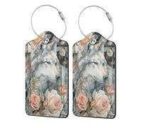 Etichette astratte per bagagli con lupo e rosa per valigie, confezione da 2 etichette per bagagli in pelle con patta per la privacy, etichetta identificativa con nome e anello in metallo, per donne e