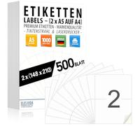 Etichette autoadesive DIN A5 (2 per foglio A4) 210 x 148 mm, stampabili, bianco opaco, con stampanti a getto d’inchiostro e laser, adesivi per molteplici utilizzi - 500 fogli (1000 etichette)