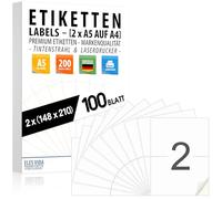 Etichette autoadesive DIN A5 210 x 148 mm - 100 fogli (200 etichette) - 2 per foglio A4, superficie bianca opaca, stampabili con stampanti a getto d’inchiostro e laser, adesivi MADE IN GERMANY