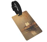 Etichette autunnali con due simpatici fantasmi in legno a forma di barca a remi, ideali per viaggi e zaini da crociera