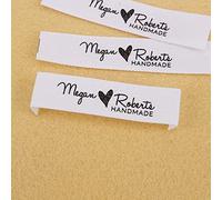 Etichette da cucire personalizzate, marchio personalizzato, etichette per abbigliamento, logo, ragione sociale, cuore, tessuto bianco, 100% cotone (MD5033) -50 pezzi