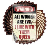 Etichette decorative con scritta in lingua inglese "Warning All Women are Evil I Live with Their Queen Day of the Week Indoors & Out", grandi per auto, cartelli per vino per casa e bar (12 x 18 cm, 2