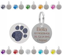 Etichette identificative personalizzate per cani e gatti - Personalizzate con la tua scelta di testo su un'impronta di zampa glitterata rotonda in acciaio inossidabile - Scelta di dimensioni e colori