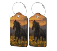 Etichette in pelle con anello in acciaio inossidabile con motivo a cavallo nel prato fiorito dell'ora dorata, personalizzate per donne, uomini e bambini, 4 pezzi
