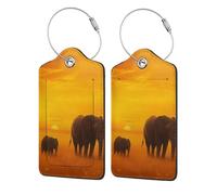 Etichette in pelle con anello in acciaio inossidabile, personalizzate per donne, uomini e bambini, 2 pezzi, raffiguranti la sagoma di un elefante e un vitello che camminano nella savana africana al