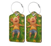 Etichette in pelle e acciaio inossidabile con maialino allegro sdraiato in un prato fiorito, personalizzate per donne, uomini e bambini, 2 pezzi