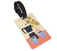 Etichette minimaliste per bagagli con nome e due tazze da caffè, ideali per viaggi e borse da crociera