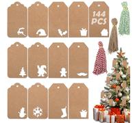 Etichette Natalizie in Carta Kraft, GeeRic 144PCS Etichette Regalo per Natale con 150 Corde Cotone/Lino DIY Tag Regalo di Natale Albero di Natale/Alce/Babbo Natale Decorazione a Lettera Regalo