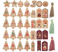 Etichette Natalizie in Carta Kraft, GeeRic 200PCS Etichette Regalo per Natale con Corda Cotone/Lino DIY Tag Regalo di Natale Albero di Natale/Alce/Babbo Natale Decorazione a Lettera Regalo