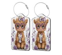 Etichette per bagagli a forma di cuore viola a forma di mucca delle Highland per valigie, confezione da 2 etichette per bagagli in pelle con patta per la privacy, etichetta identificativa con nome e