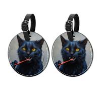 Etichette per bagagli a forma di gatto nero, in pelle PU, per borsa da viaggio per navi da crociera, etichetta ID rotonda e anello in metallo, adatte per borsa da viaggio