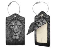 Etichette per bagagli a forma di testa di leone in bianco e nero, 1 per valigia, impermeabili, in pelle, copertura per la privacy, etichetta identificativa con nome e anello in metallo, etichette per