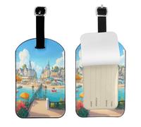Etichette per bagagli a tema "A Joyful Holiday by The Seaside", identificatore identificativo per valigia da viaggio, morbida pelle PU, elementi essenziali per viaggi aerei