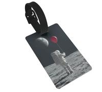 Etichette per bagagli con astronauta e palloncino rosso sulla luna, ideali per viaggi, crociere, zaini e borse.