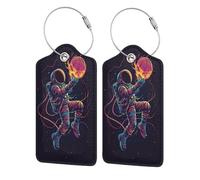 Etichette per bagagli con astronauta spaziale che salta a pallacanestro per valigie, confezione da 2 etichette per bagagli in pelle con patta per la privacy, etichetta identificativa con nome e anello