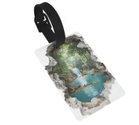 Etichette per bagagli con buco nel muro e cascata nella giungla, etichette identificative per bagagli, ideali per viaggi, crociere, zaini e borse.