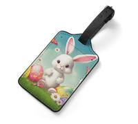 Etichette per bagagli con coniglietto pasquale con uova e farfalla primaverile, in pelle PU resistente, etichette per bagagli con scheda informativa, etichette identificative con cinghia sicura per