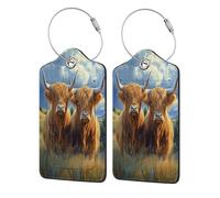 Etichette per bagagli con due mucche delle Highland con corna lunghe per valigie, confezione da 2 etichette per bagagli in pelle con patta per la privacy, etichetta identificativa con nome e anello in