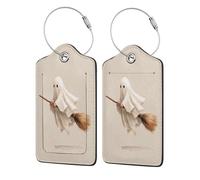 Etichette per bagagli con fantasma carino bianco che vola su una scopa per valigia, confezione da 2 etichette in pelle con patta per la privacy, etichetta identificativa con nome e anello in metallo