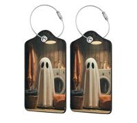 Etichette per bagagli con fantasma carino che fa il bucato, confezione da 2 etichette per bagagli in pelle con patta per la privacy, etichetta identificativa con nome e anello in metallo, per donne e