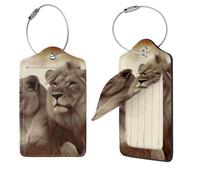 Etichette per bagagli con leone africano e leonessa, 1 per valigie, impermeabili, in pelle, copertura per la privacy, etichetta identificativa con nome e anello in metallo, etichette per bagagli per