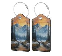 Etichette per bagagli con montagne e foreste con tramonto per valigia, confezione da 2 etichette per bagagli in pelle con patta per la privacy, etichetta identificativa con nome e anello in metallo