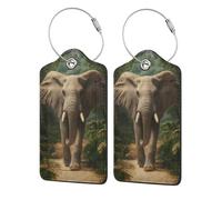 Etichette per bagagli con motivo a elefante che passeggia nella giungla, in pelle, con nome e ID, con anello in acciaio inossidabile, 2 pezzi