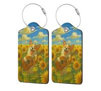 Etichette per bagagli con motivo Corgi che suona la chitarra in un campo di girasoli, con anello in acciaio inox, per la privacy, motivo unico, divertente e carino, 4 pezzi
