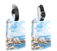 Etichette per bagagli con motivo di paesaggio marino e faro, confezione da 2 etichette identificative per bagagli in pelle con patta per la privacy ed etichetta identificativa con nome per viaggi da