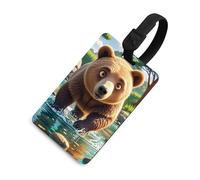 Etichette per bagagli con motivo orso che attraversa il fiume con carta d'identità, etichette resistenti per borse da viaggio, etichette impermeabili per valigie, zaini e custodie da viaggio, stile