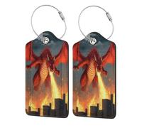 Etichette per bagagli con motivo paesaggio urbano del drago infuocato, cartellino dell'indirizzo e anello in metallo, adatte per borse da viaggio, 4 pezzi