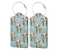 Etichette per bagagli con mucca e margherita in un secchiello, in pelle, con nome, identificativo, anello in acciaio inossidabile, 2 pezzi