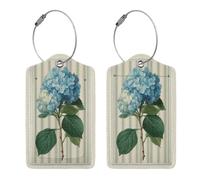 Etichette per bagagli con ortensia blu ad acquerello botanico per valigie, confezione da 2 etichette per bagagli in pelle con patta per la privacy, etichetta identificativa con nome e anello in