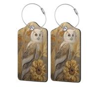 Etichette per bagagli con petali dorati, girasoli, gufo, fantasia, arte, per valigie, confezione da 2 etichette in pelle con patta per la privacy, etichetta identificativa con nome e anello in metallo