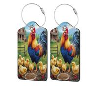 Etichette per bagagli con scena di fattoria con gallo e pulcino, da crociera con etichetta per la privacy, cartellino per indirizzo e anello in metallo, adatte per borse da viaggio, 1 pezzo