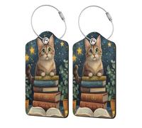 Etichette per bagagli con simpatici gatti che leggono libri, etichette per borse da viaggio, etichette con nome, etichette per bagagli in pelle personalizzate con etichetta per la privacy, 2 pezzi