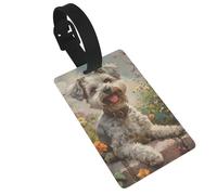 Etichette per bagagli con simpatico cane PUMI felice in giardino, bellissime etichette identificative con nome, ideali per zaini da viaggio, crociere e borse.