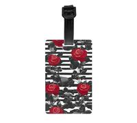 Etichette per bagagli con stampa di fiori di rosa rossa a righe nere e bianche con carta d'identità, etichette per valigie per borse bagagli accessori da viaggio