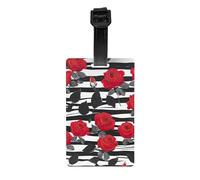 Etichette per bagagli con stampa di fiori di rosa rossa a righe nere e bianche con carta d'identità, etichette per valigie per borse bagagli accessori da viaggio