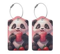 Etichette per bagagli con stampa di fragole e panda, in pelle e acciaio inossidabile, con passante per borsa da viaggio e valigia.