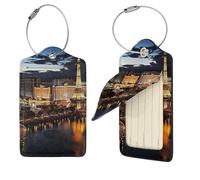 Etichette per bagagli con vista notturna di Las Vegas, 4 pezzi, per valigie, in pelle, impermeabili, per la privacy, con nome, etichetta identificativa e etichette per bagagli con anello in metallo