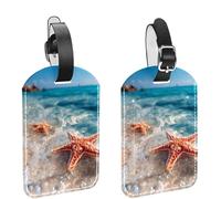Etichette per bagagli da 2 pezzi per valigie, simpatiche stelle marine sulla spiaggia di sabbia in acque cristalline del mare, etichette identificative per borse in pelle, etichette identificative pe