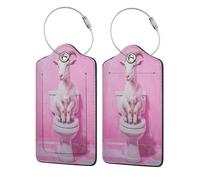 Etichette per bagagli da bagno con capra rosa sul WC, confezione da 2, in pelle, con patta per la privacy, etichetta identificativa e anello in metallo, per donne e uomini, da viaggio