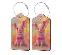 Etichette per bagagli in pelle con adorabile maialino con fiocco rosa, con copertura per la privacy e anello in acciaio inossidabile per viaggi, 2 pezzi