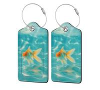 Etichette per bagagli in pelle con anello in acciaio inossidabile a forma di pesciolino rosso nell'acqua, 2 pezzi