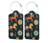 Etichette per bagagli in pelle con anello in acciaio inossidabile, motivo: cavalli selvaggi rustici tribali del sud-ovest, per valigie, 2 pezzi